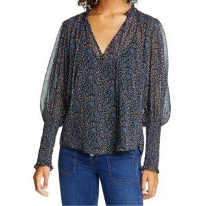 Veronica Beard Black Jaz Boho Floral Shirred Blouse, L